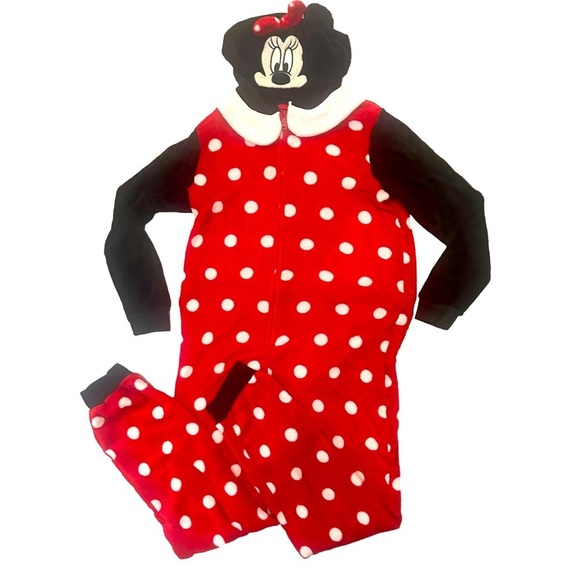 Disney Minnie Mouse Fleece One Piece Zip Hoodie Sleepwear Adult Large Cozy PJs - Picture 1 of 5